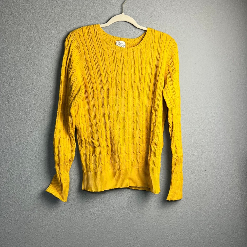 St Johns Bay Yellow Fishermans Cable Knit Sweater Pullover Crew Neck Long‎ SL XL